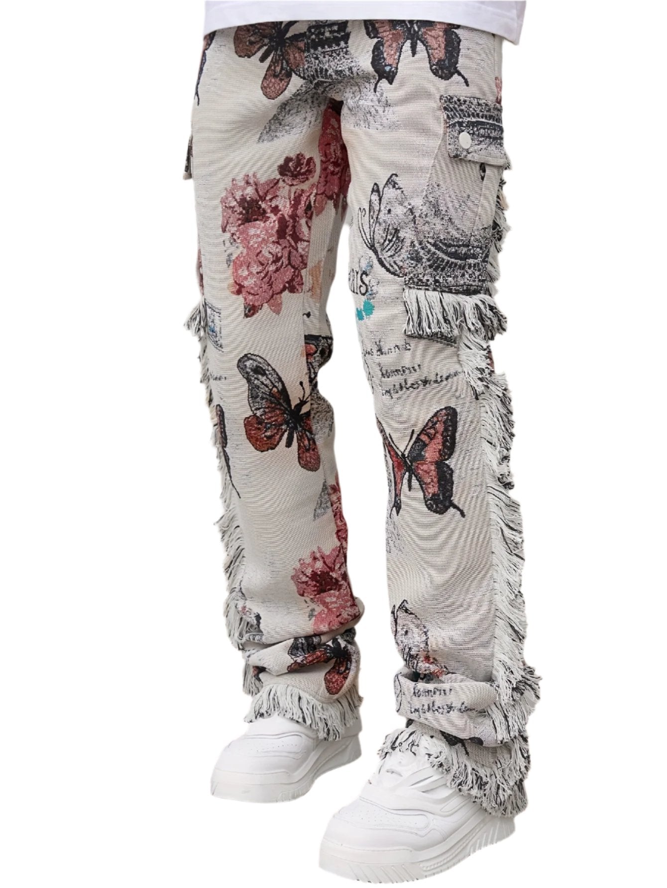 Pantalones con estampado de mariposas y dobladillo sin rematar