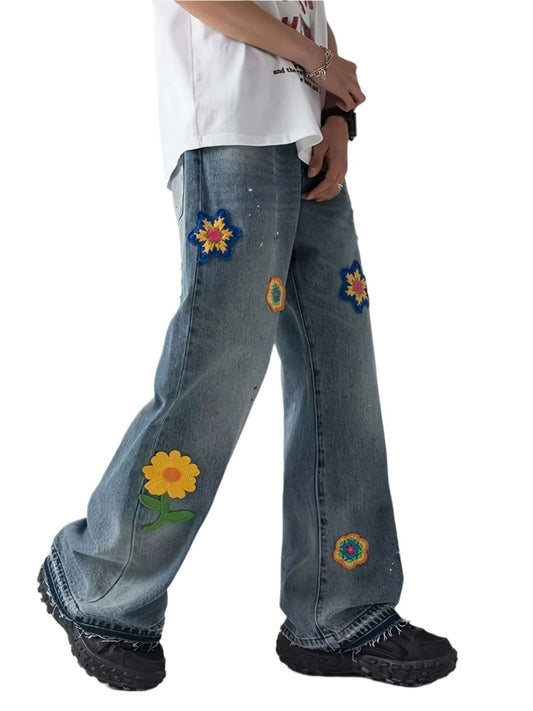 Flower Crochet Denim Pants