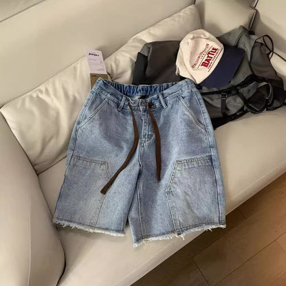 Washed Denim Patchwork Shorts