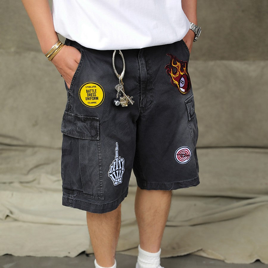 Washed-out Embroidered Cargo Shorts