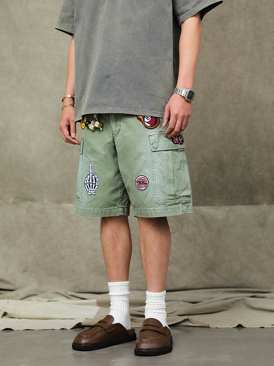 Washed-out Embroidered Cargo Shorts